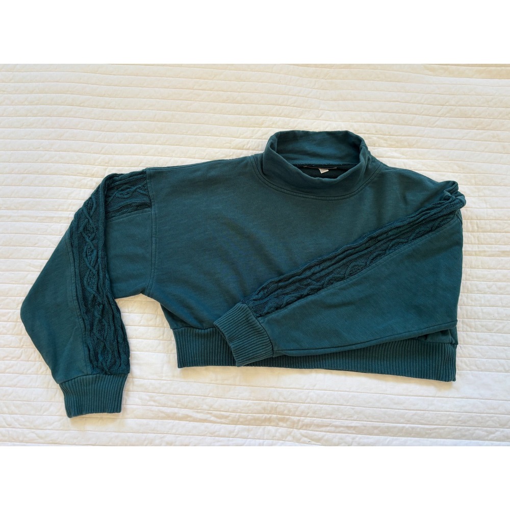 Urban Outfitters Teal Green Cable Knit Sleeve Cropped Mock Neck Sweatshirt